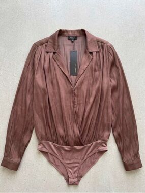NWT RESET Mauve/Brown Satin Long-Sleeve Wrap Bodysuit MSRP 98